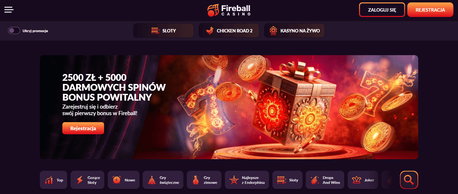 Strona główna Fireball Casino z aktualną ofertą bonusową